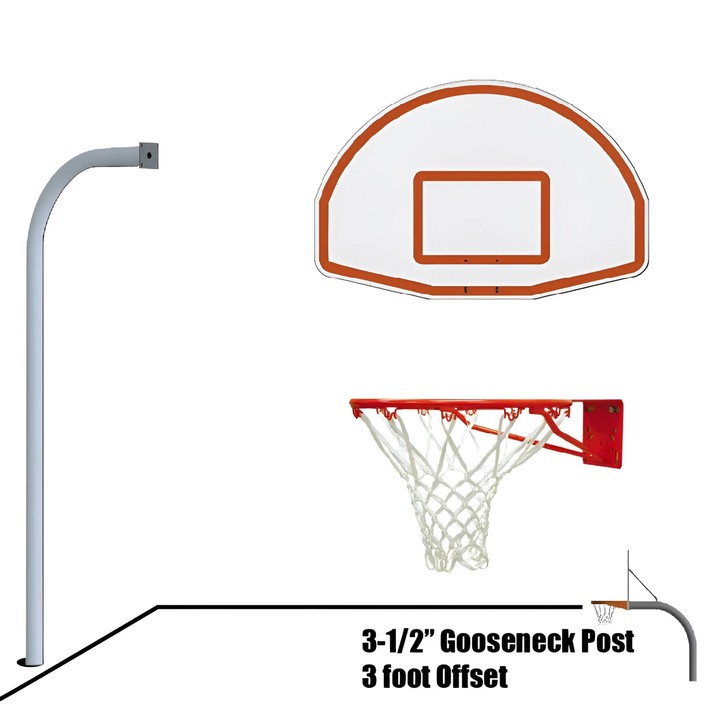 Jaypro outdoor basketball hoop with 3-1/2 inch gooseneck post and 3 foot offset white backboard and net