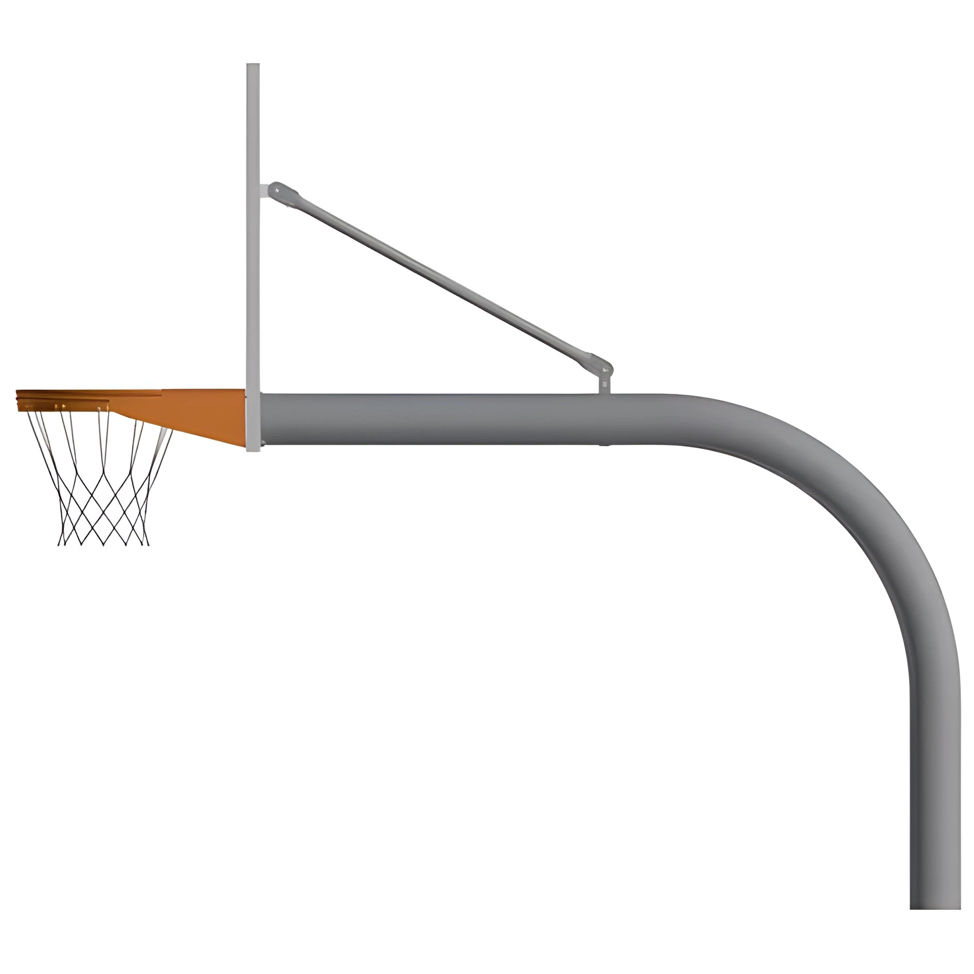 Jaypro outdoor basketball hoop with curved pole and sturdy backboard support in gray and orange