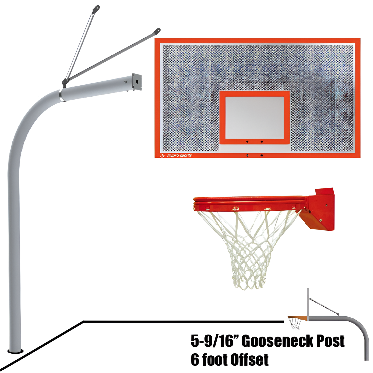 Jaypro outdoor basketball hoop with 5-9 16 inch gooseneck post and 6 foot offset featuring a red and white net and perforated backboard
