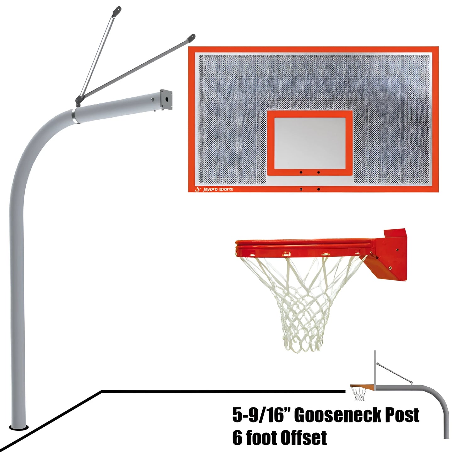 Jaypro outdoor basketball hoop with 5-9 16 inch gooseneck post and 6 foot offset featuring a red and white net and perforated backboard