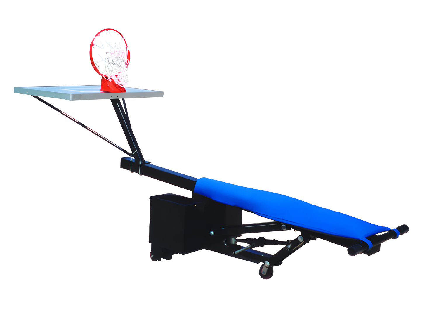 FIRST TEAM portable basketball hoop with adjustable height and blue padded base for easy transport