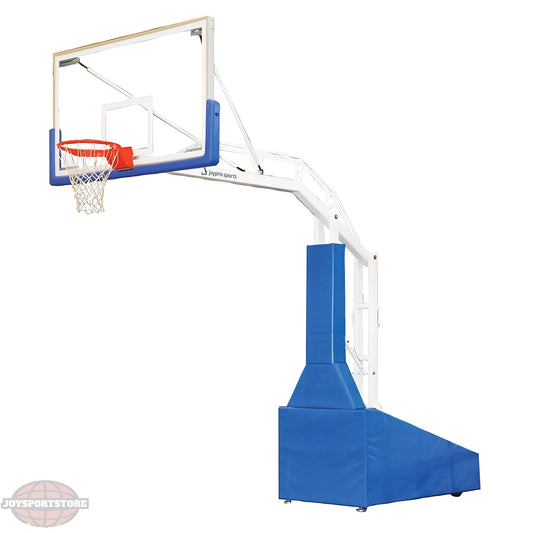 Jaypro portable basketball hoop with clear backboard and blue base padding for outdoor play