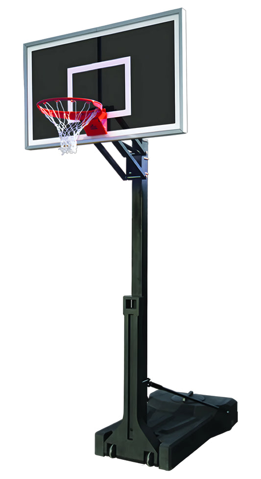 FIRST TEAM Portable Basketball Hoop with black backboard and adjustable height stand