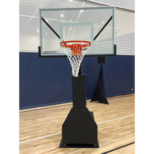 Gared portable basketball hoop with clear backboard and orange rim on indoor gym court