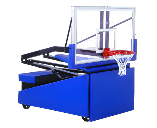 FIRST TEAM portable basketball hoop with blue base, clear backboard, and red rim for easy transport