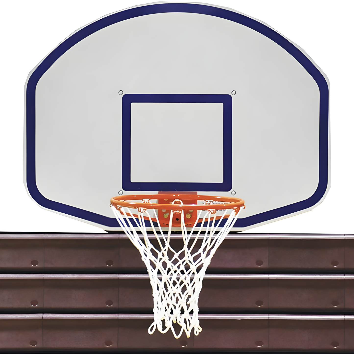 Jaypro portable basketball hoop with white backboard and orange rim mounted on brown bleachers