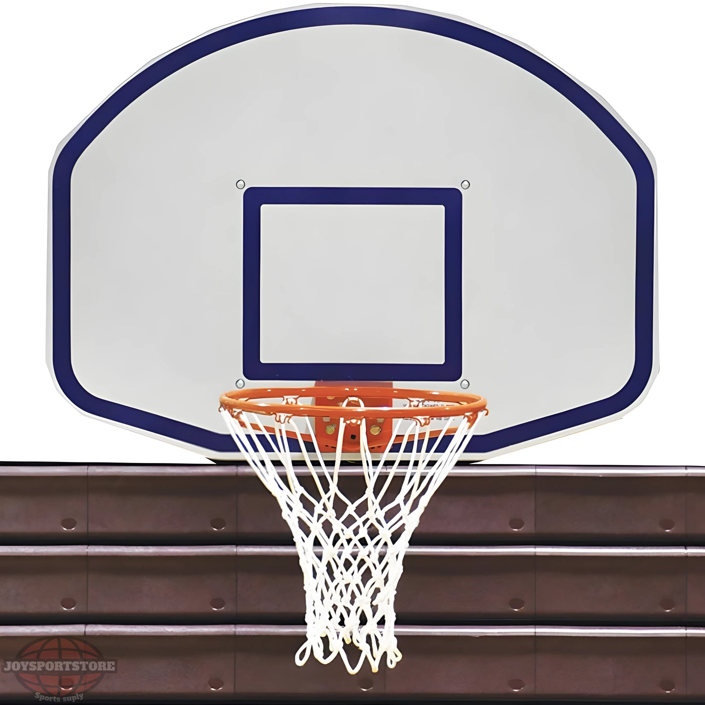 Jaypro portable basketball hoop with white backboard and orange rim mounted on brown bleachers