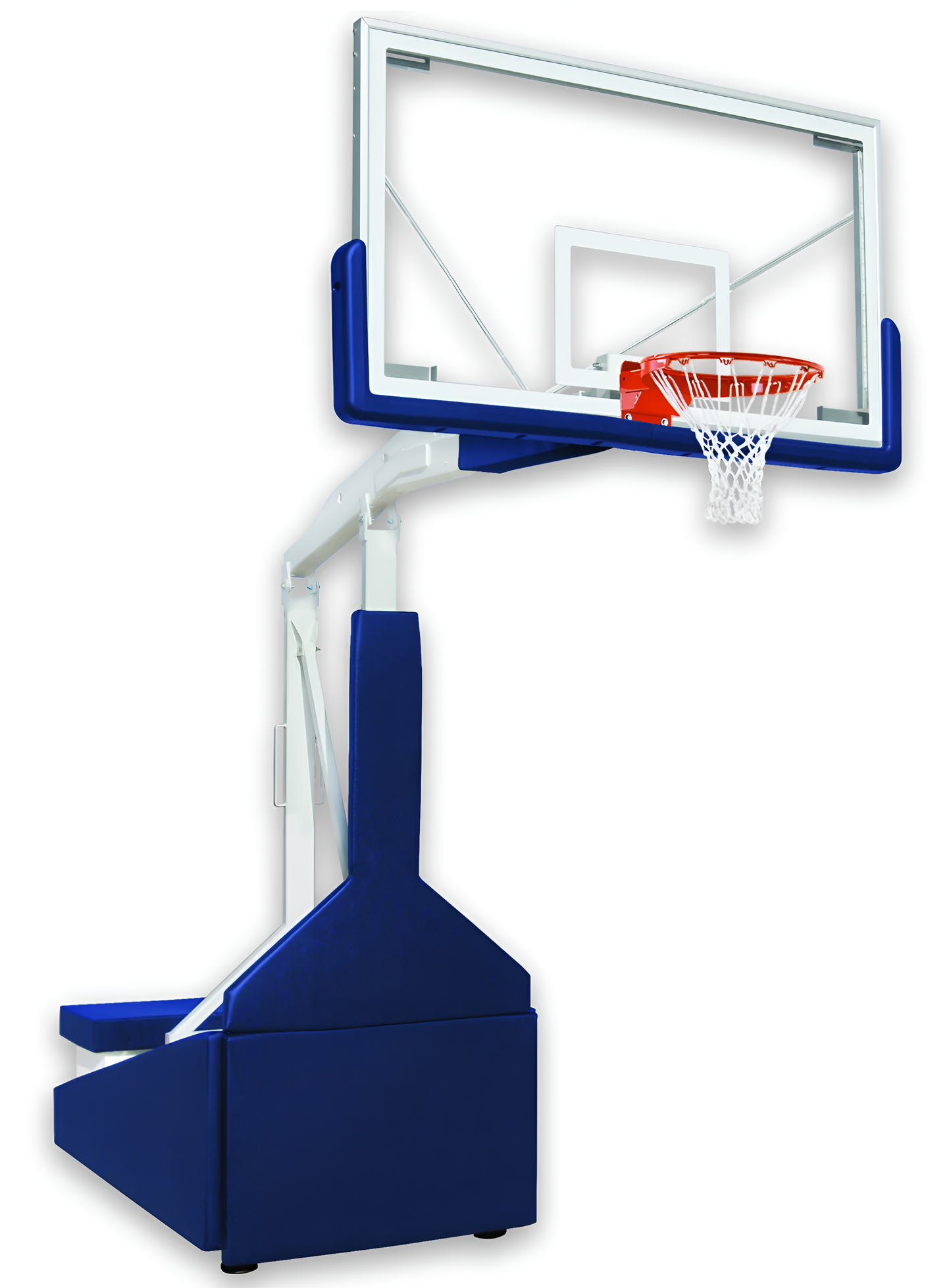 FIRST TEAM portable basketball hoop with clear backboard and blue base for easy outdoor use