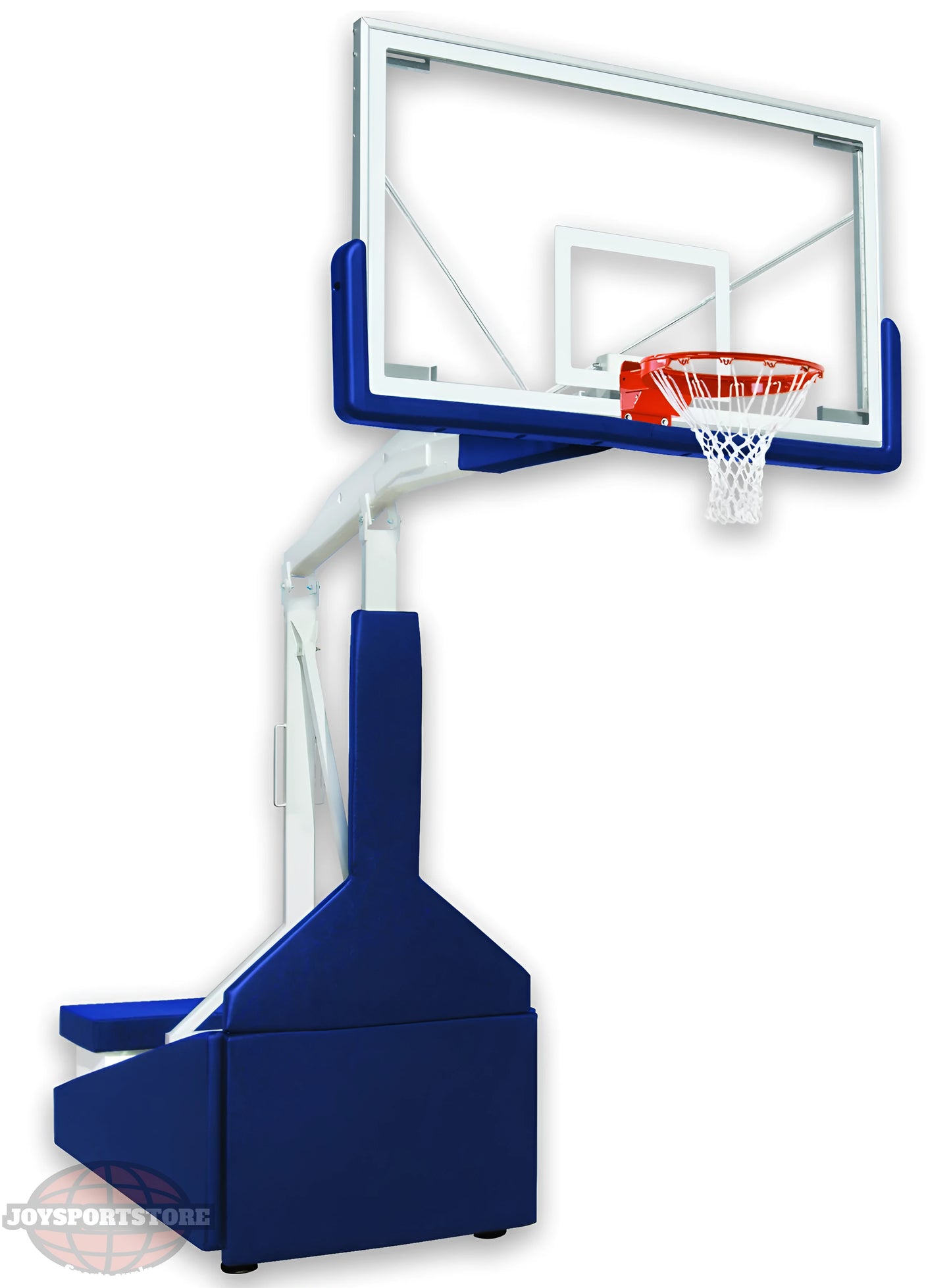 FIRST TEAM portable basketball hoop with clear backboard and blue base for easy outdoor use