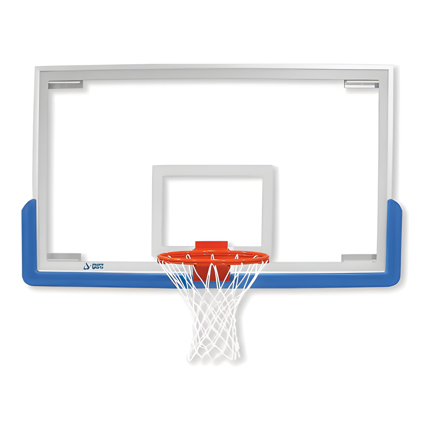 Jaypro portable basketball hoop with clear backboard and blue padding around the base