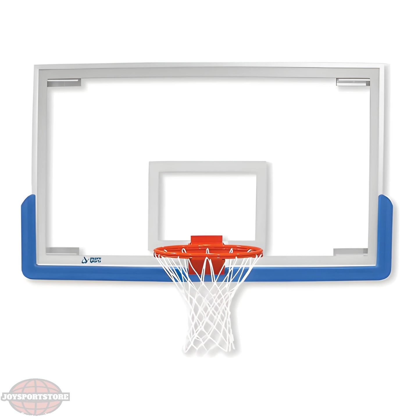 Jaypro portable basketball hoop with clear backboard and blue padding around the base