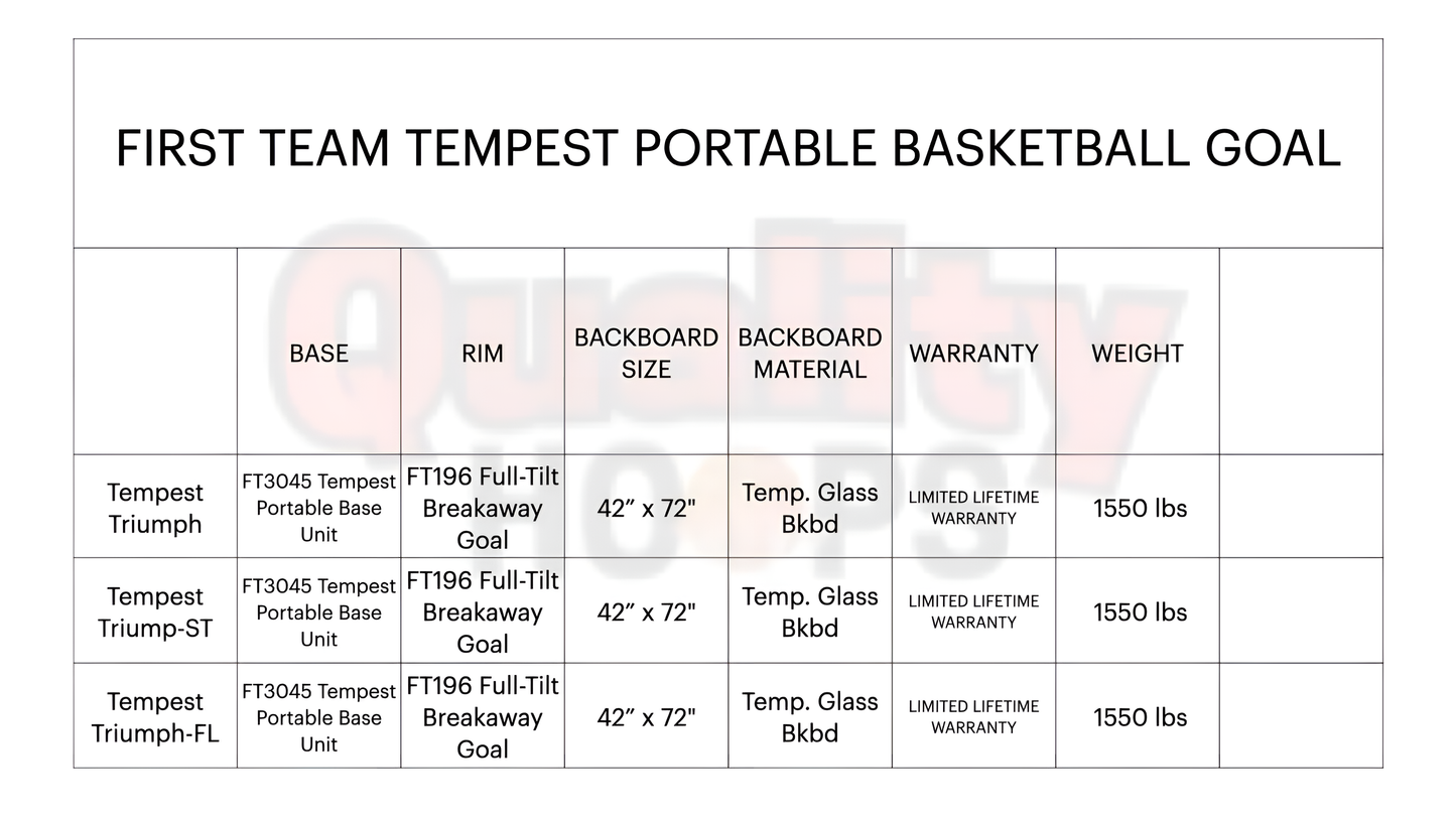 FIRST TEAM Tempest portable basketball hoop with 42 by 72 inch tempered glass backboard and sturdy base weighing 1550 pounds