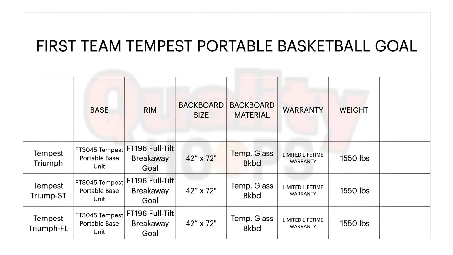 FIRST TEAM Tempest portable basketball hoop with 42 by 72 inch tempered glass backboard and sturdy base weighing 1550 pounds