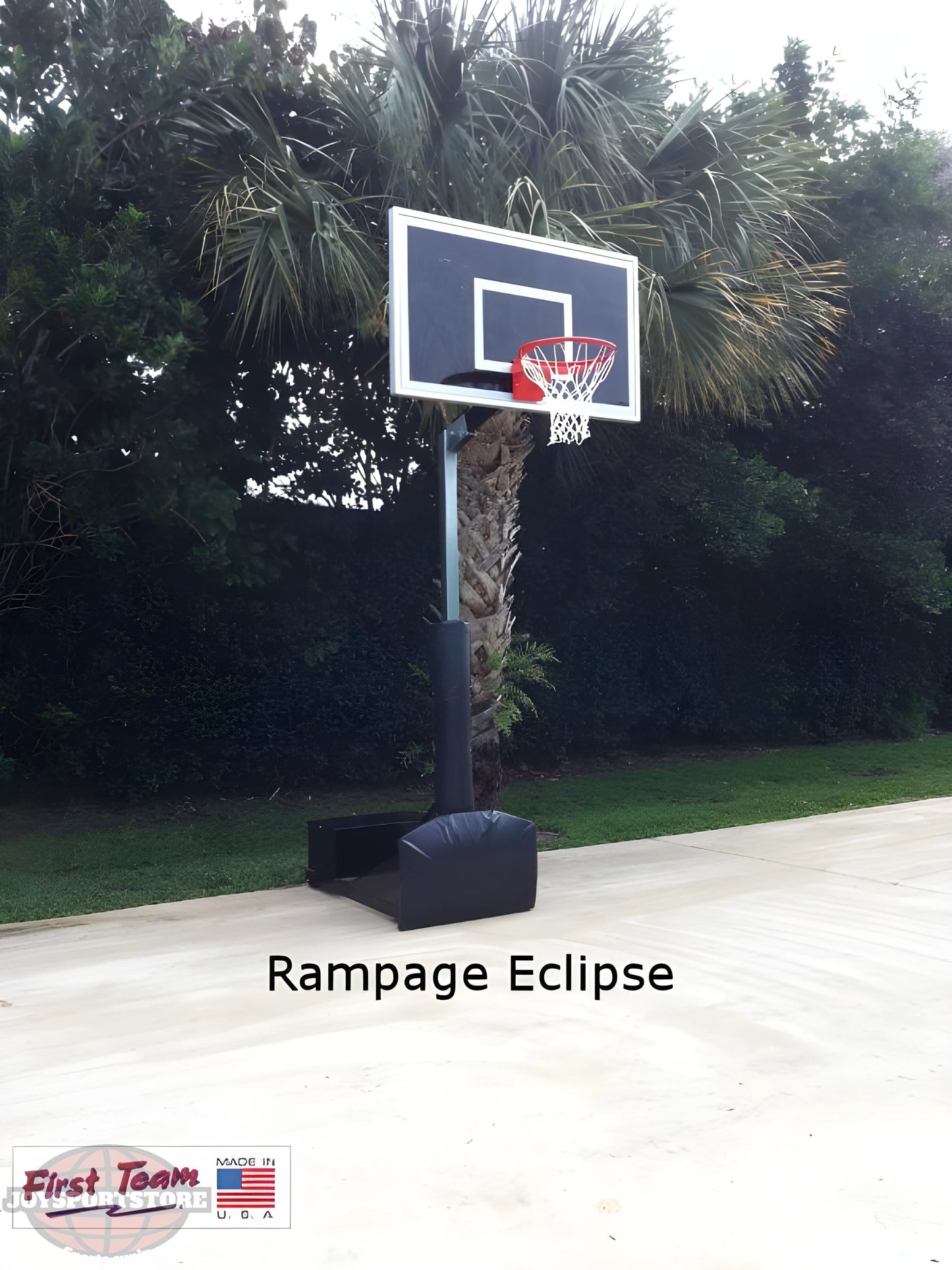 First Team Rampage Eclipse Portable Basketball Hoop with black base and backboard outdoors