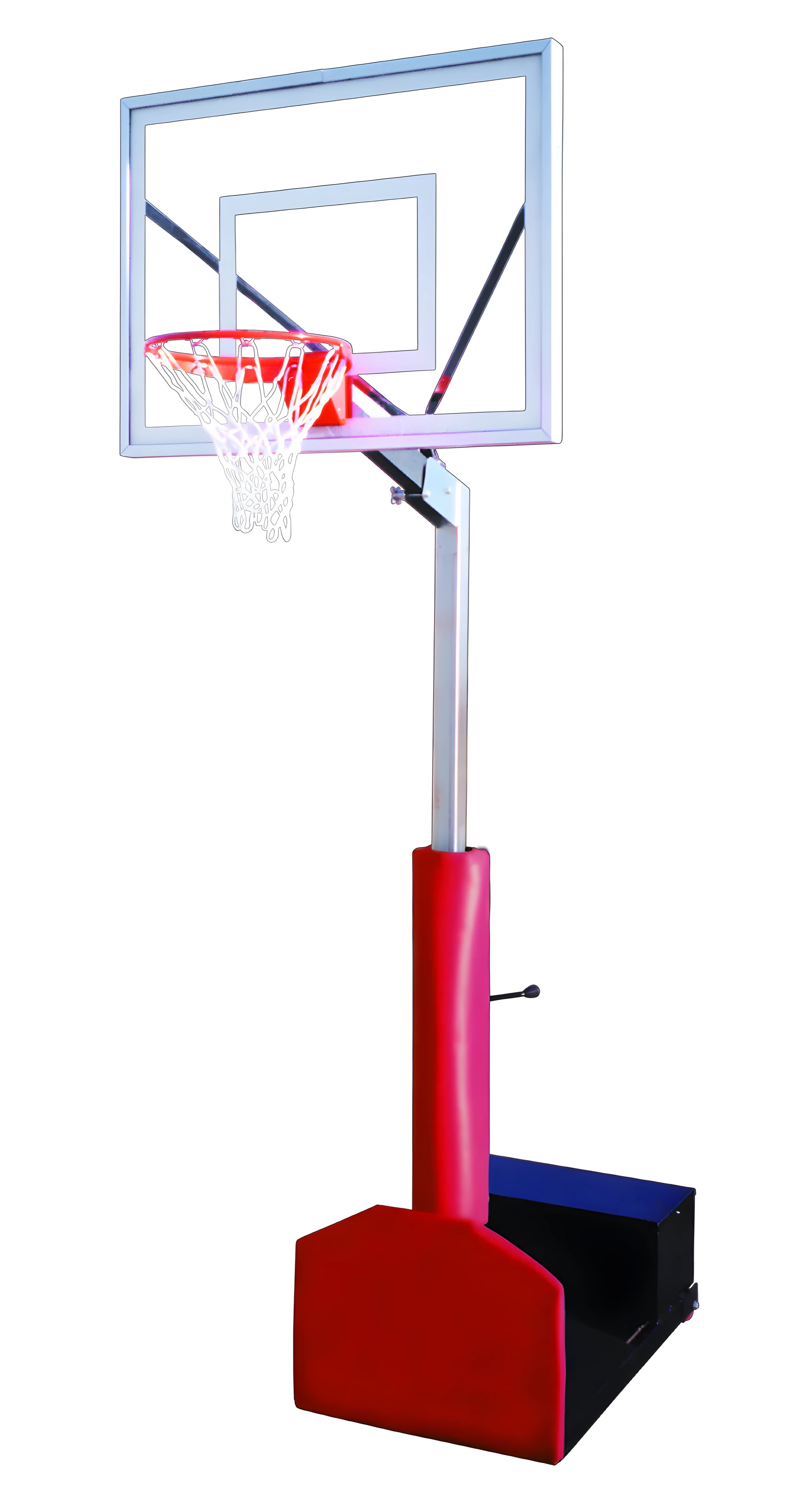 FIRST TEAM portable basketball hoop with adjustable pole and red base padding for outdoor or indoor use