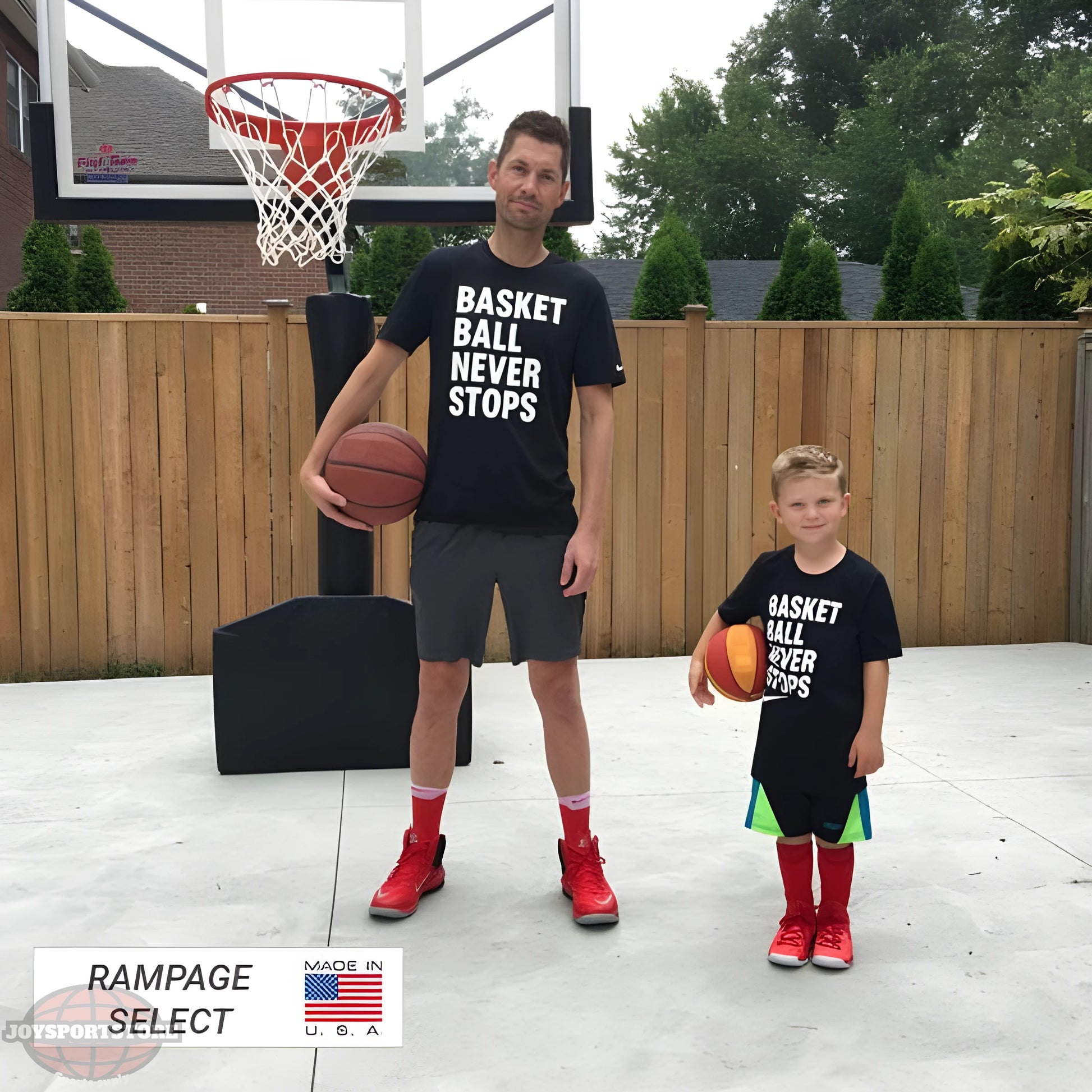 FIRST TEAM Rampage Select Portable Basketball Hoop with man and boy holding basketballs outdoors