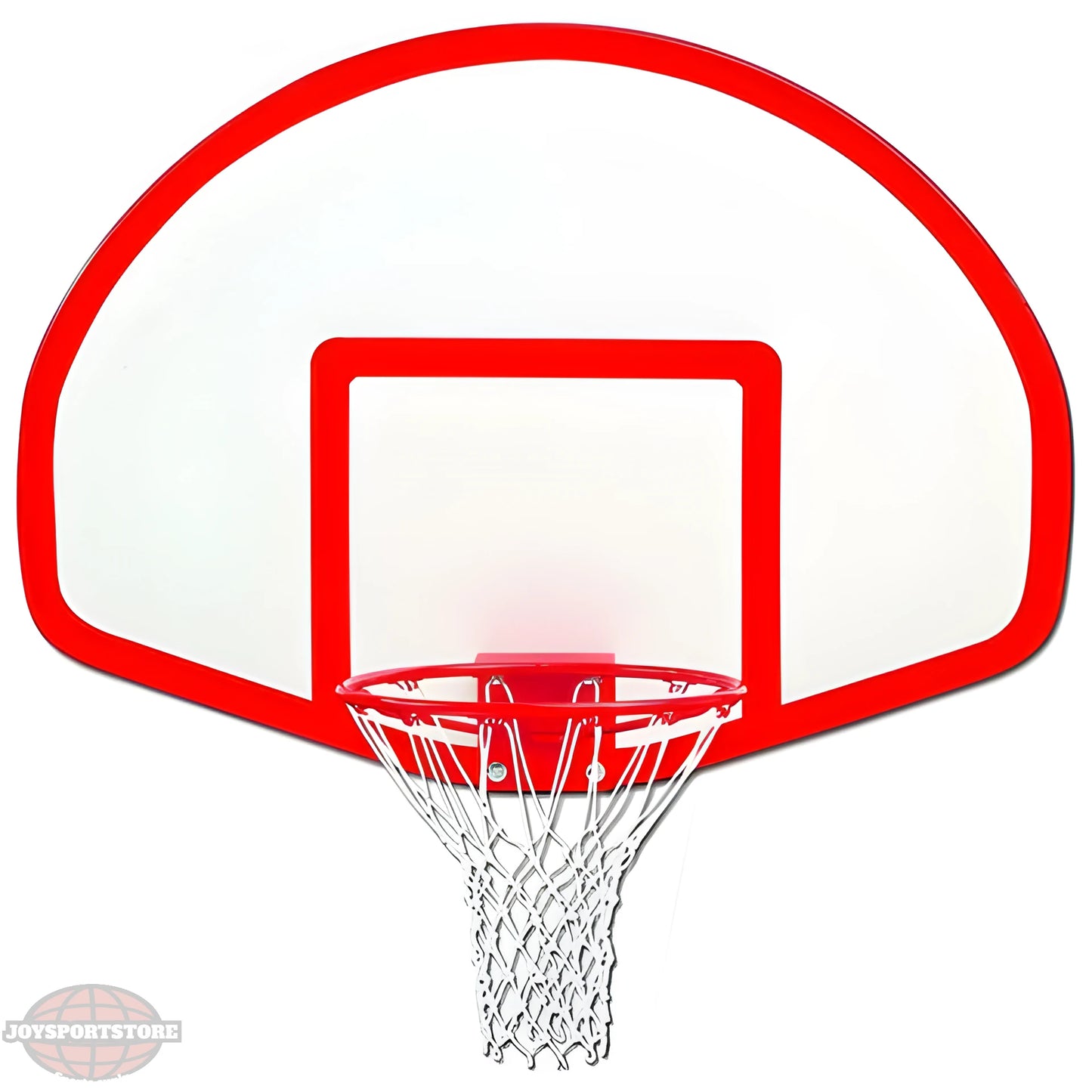 Gared basketball backboard with red outline and attached metal hoop with net