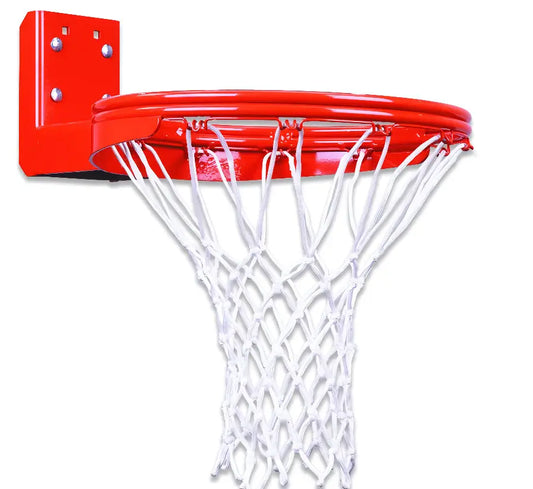 FIRST TEAM basketball rim with white net and red mounting bracket for indoor or outdoor use