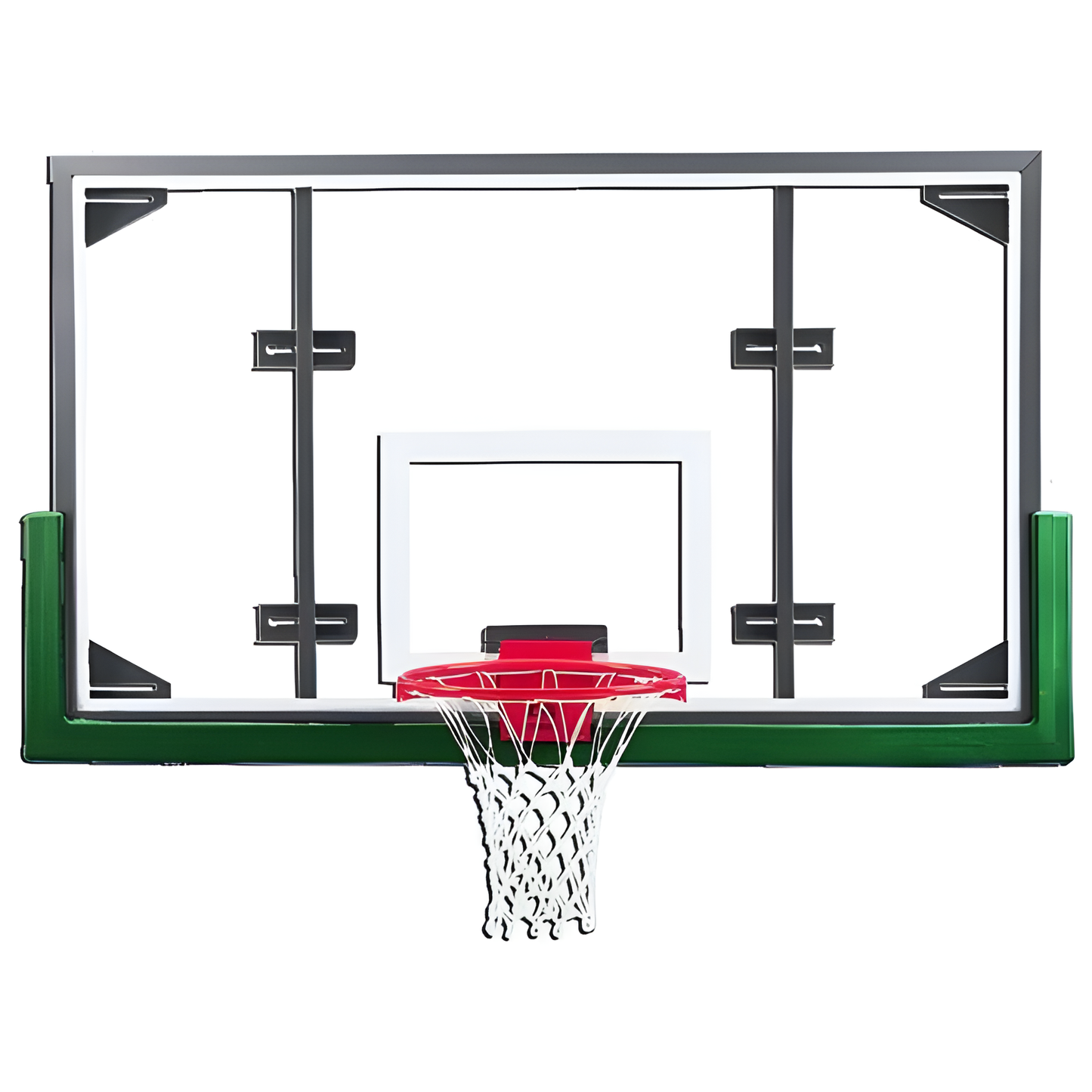 Gared basketball backboard with clear glass, black frame, green padding, and red rim with net