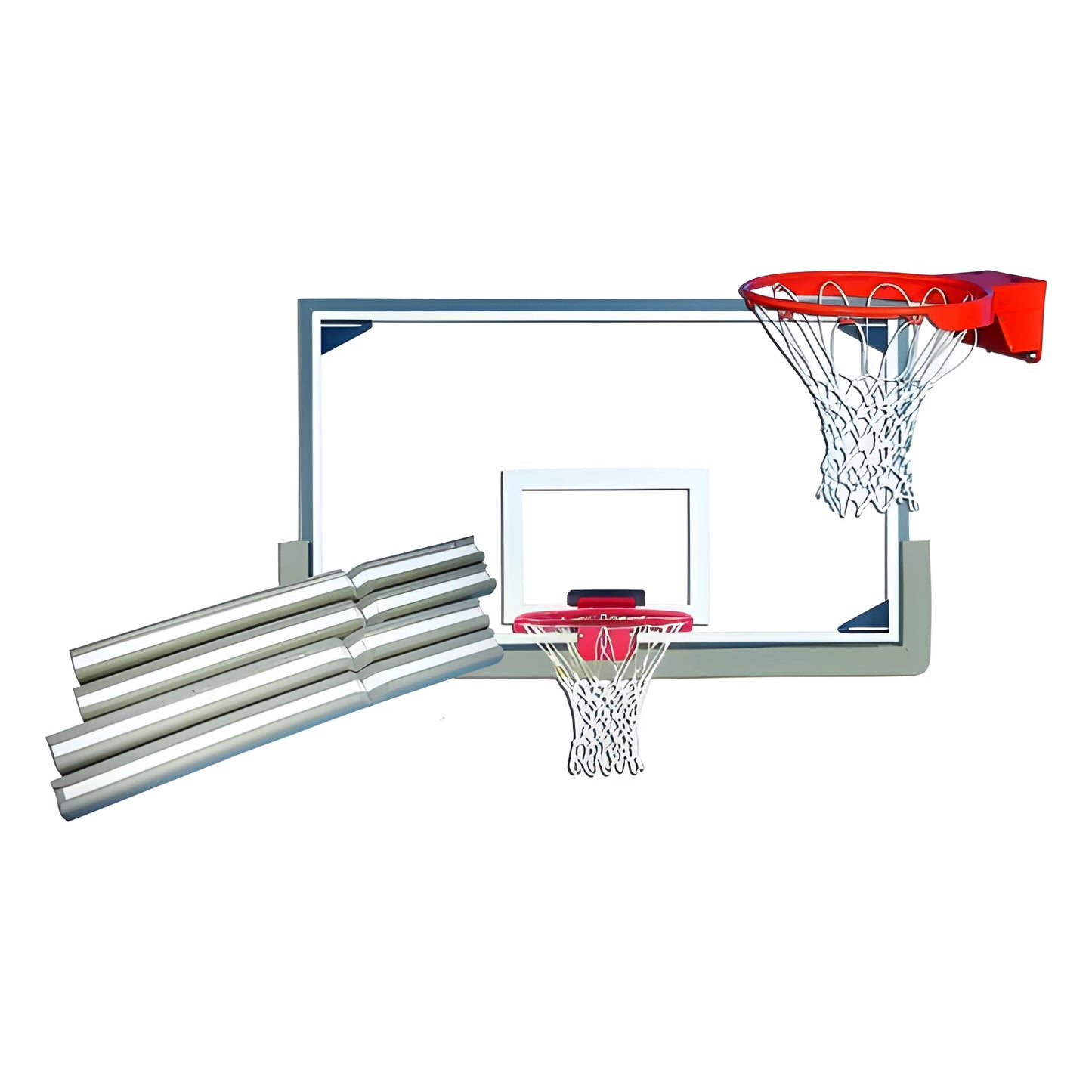 Gared basketball backboard with clear glass, red rim, and white net for outdoor and indoor use