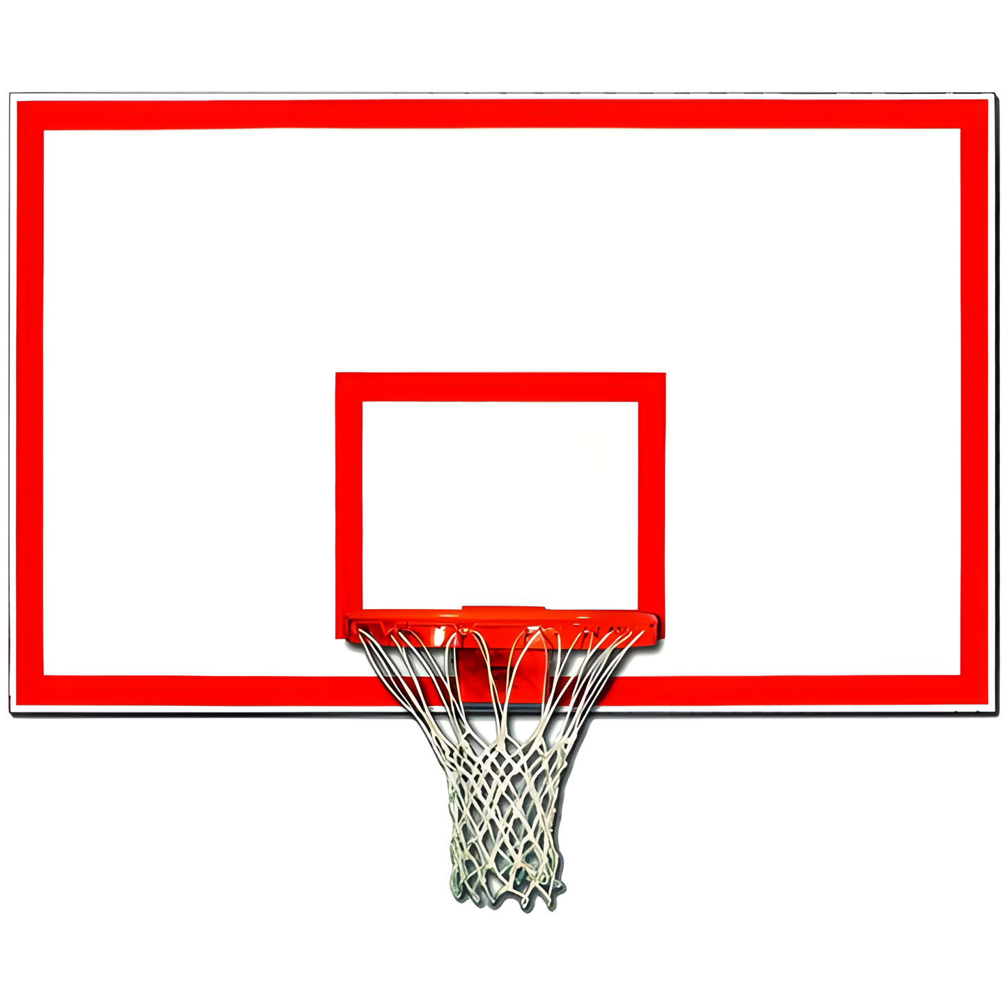 Gared basketball backboard with red and white design and attached hoop with net
