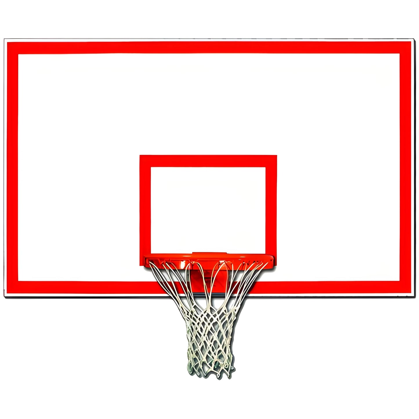 Gared basketball backboard with red and white design and attached hoop with net