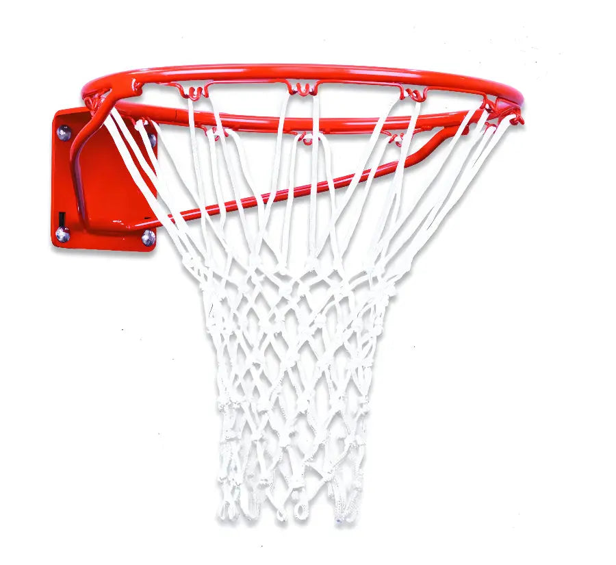 FIRST TEAM basketball hoop with bright red basketball rim and white net for outdoor play