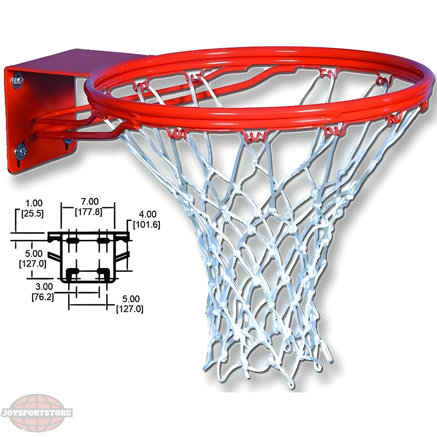 Gared basketball rim with red steel hoop and white net for durable outdoor play