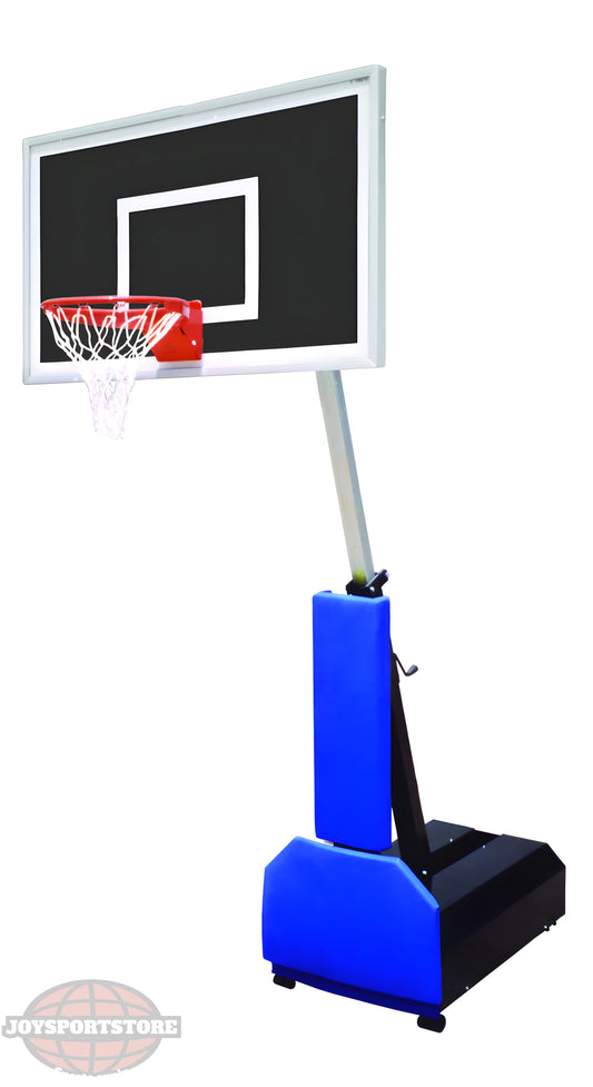 FIRST TEAM portable basketball hoop with adjustable pole and blue base for outdoor use
