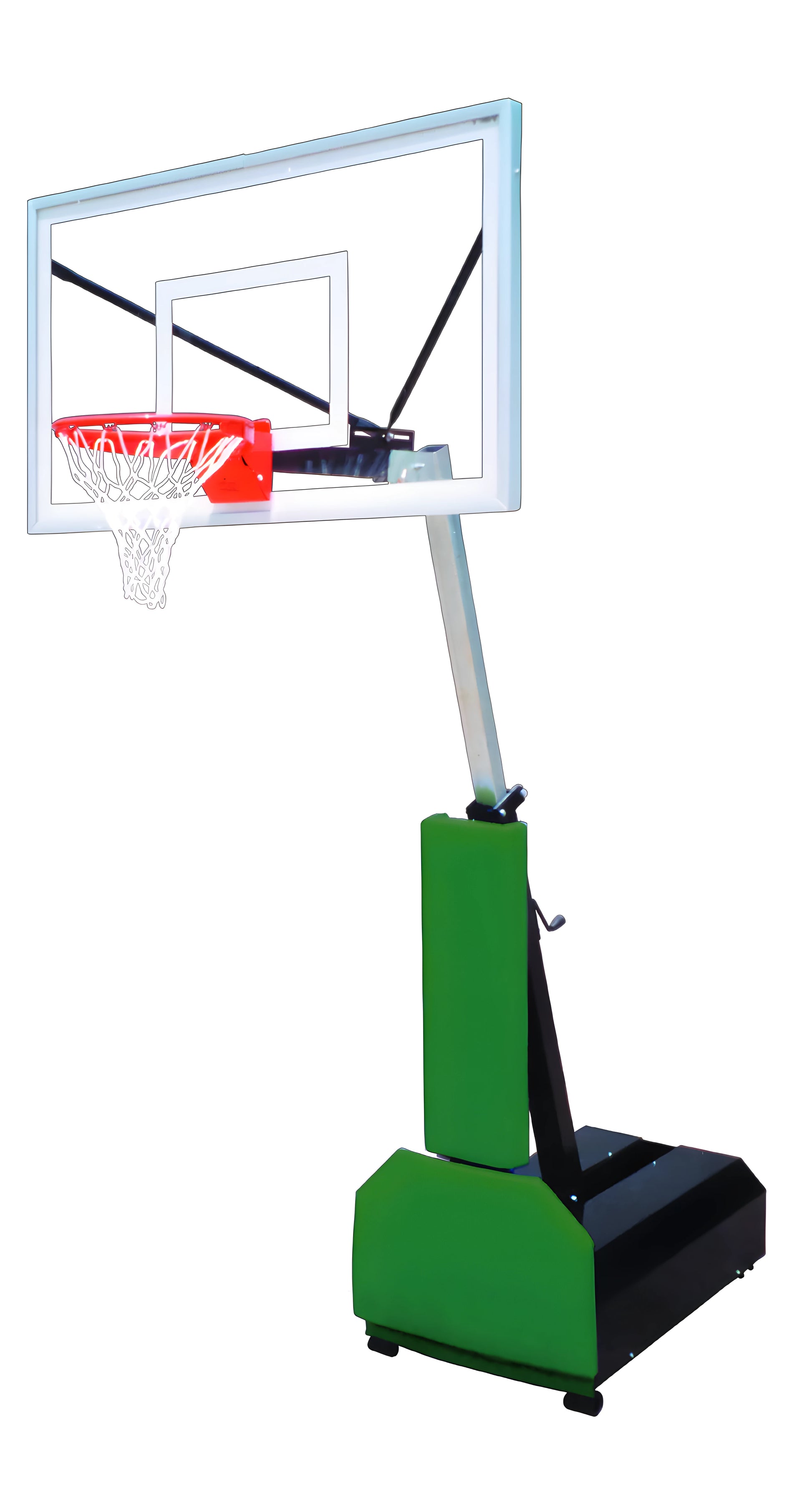 FIRST TEAM portable basketball hoop with clear backboard and green base for easy outdoor play
