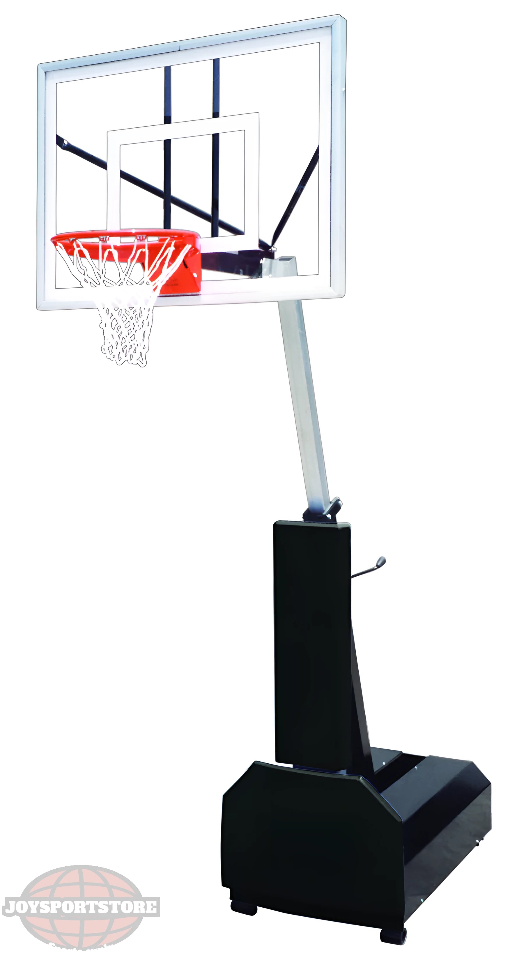 FIRST TEAM portable basketball hoop with clear backboard and adjustable stand on white background