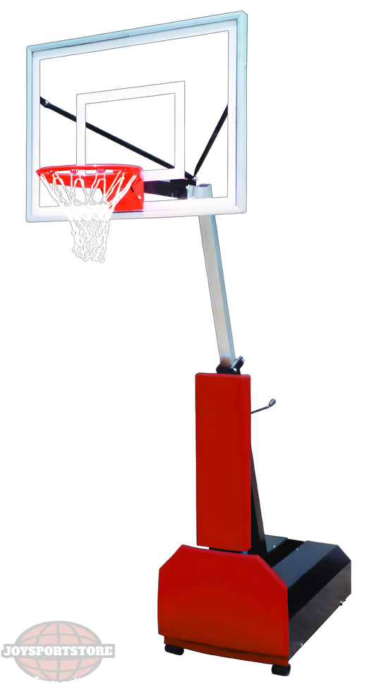 FIRST TEAM portable basketball hoop with clear backboard and red base for easy mobility