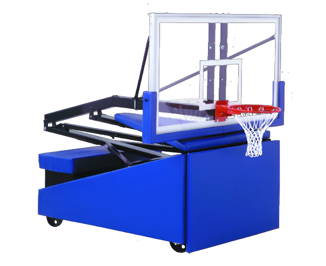 FIRST TEAM Portable Basketball Hoop with clear backboard and red rim on blue padded base