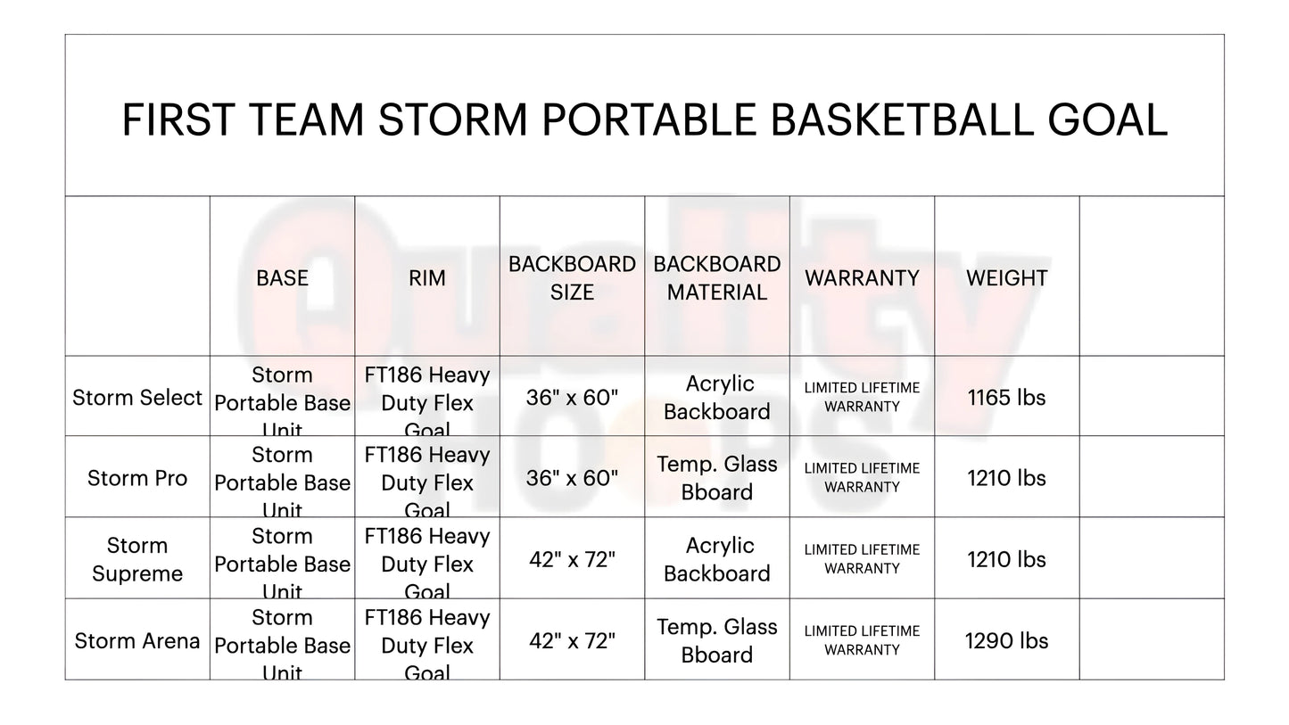 FIRST TEAM Storm Portable Basketball Hoop with acrylic or tempered glass backboard options and heavy-duty flex goal