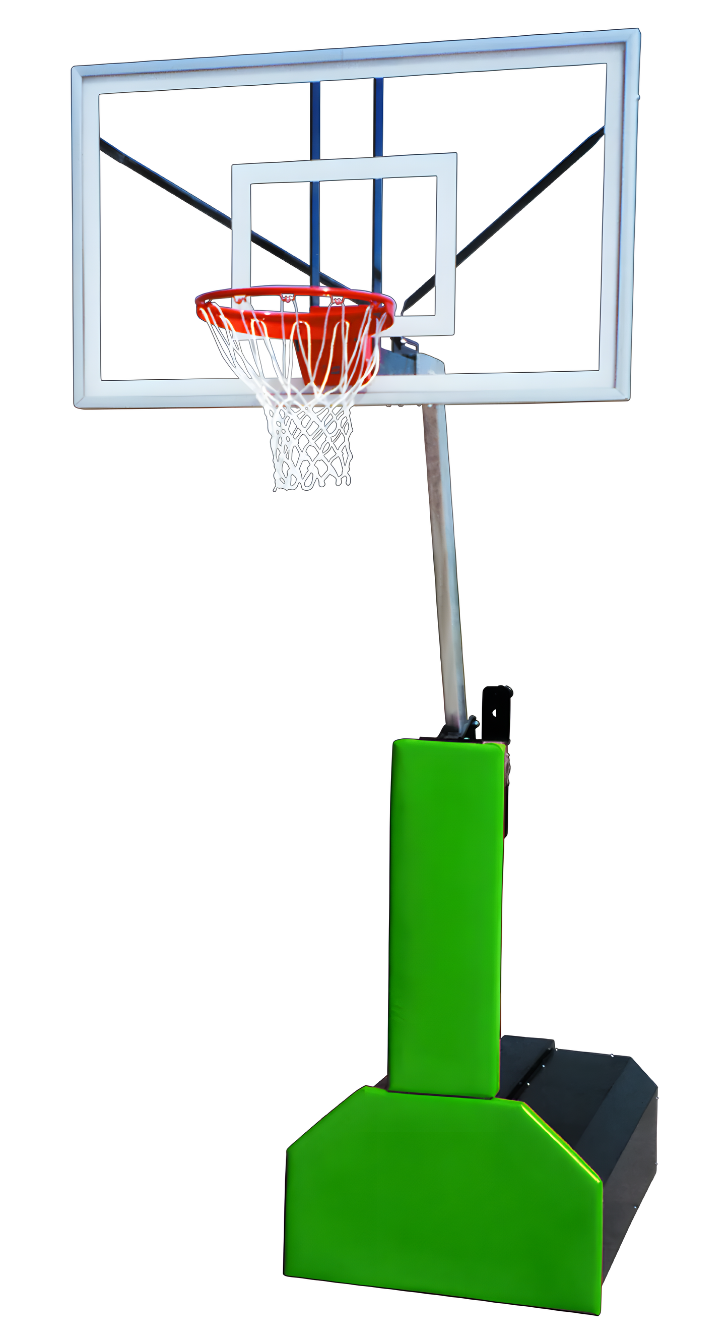 FIRST TEAM portable basketball hoop with clear backboard and green base for outdoor play
