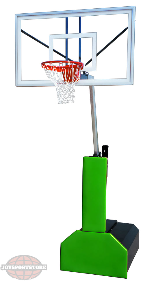 FIRST TEAM portable basketball hoop with clear backboard and green base for outdoor play