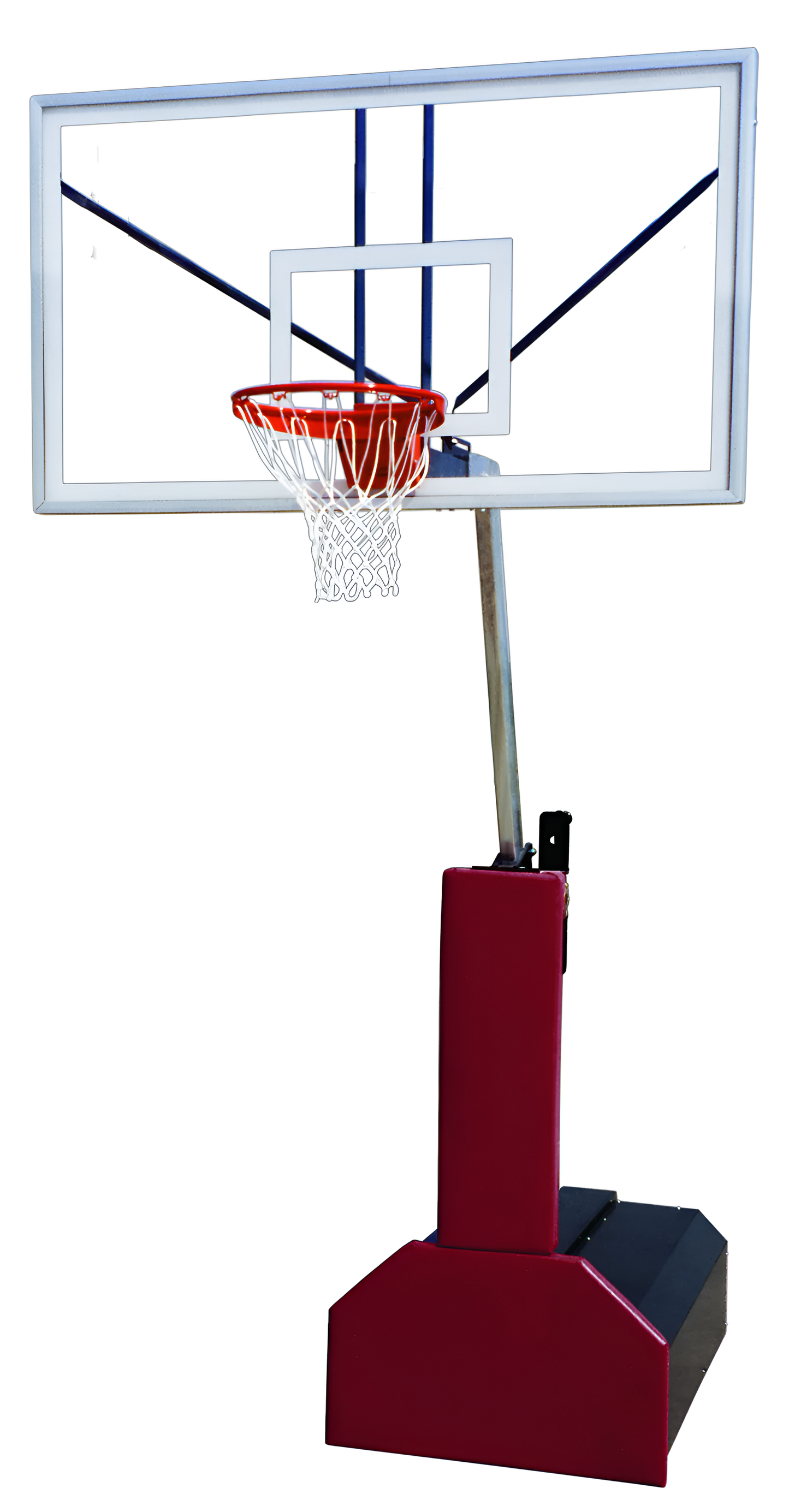 FIRST TEAM Portable Basketball Hoop with clear backboard and red base stand for easy mobility