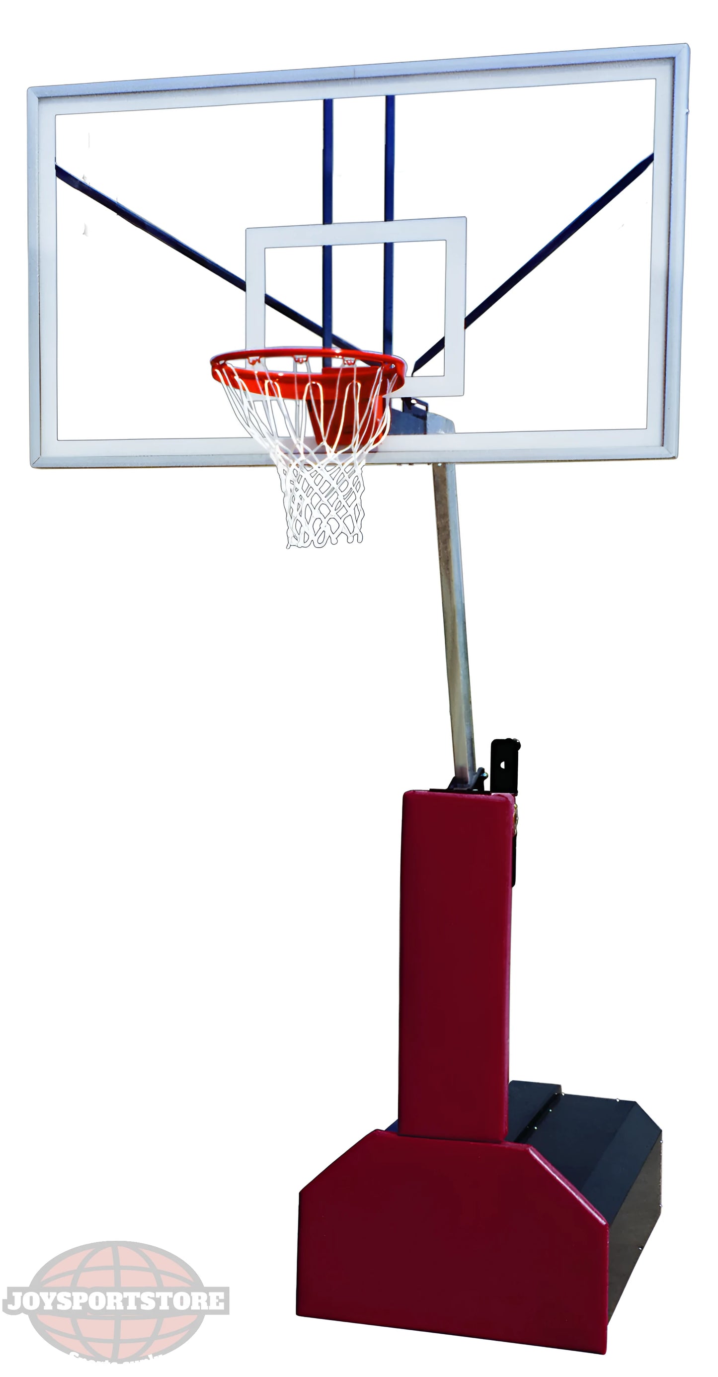 FIRST TEAM Portable Basketball Hoop with clear backboard and red base stand for easy mobility