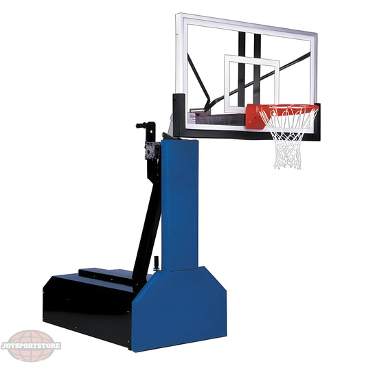 FIRST TEAM portable basketball hoop with clear backboard and adjustable height on blue base