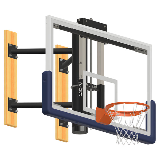 Jaypro wall mount basketball hoop with clear backboard and orange rim attached to wooden mount