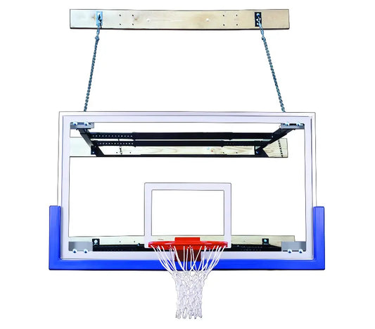 FIRST TEAM Wall Mount Basketball Hoop with clear backboard, blue padding, and red rim hanging from chains