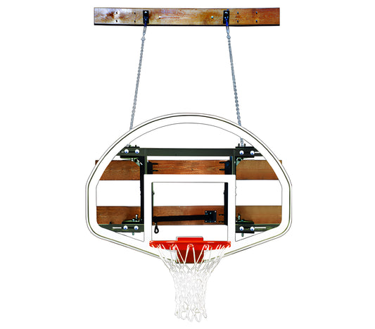 FIRST TEAM wall mount basketball hoop with metal rim and durable net attached to wooden support
