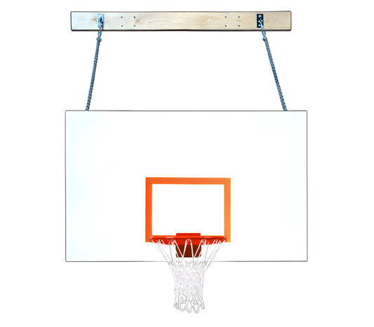 FIRST TEAM wall mount basketball hoop with clear backboard and orange rim hanging by chains