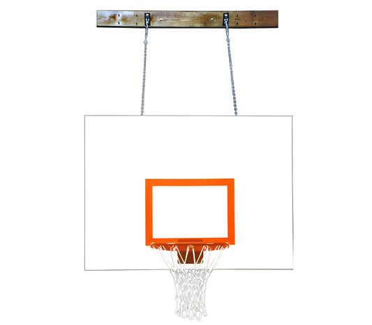 FIRST TEAM Wall Mount Basketball Hoop with clear backboard and orange rim hanging from chains