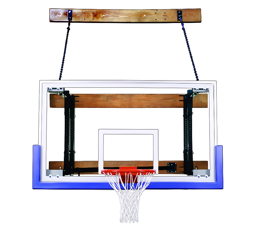 FIRST TEAM Wall Mount Basketball Hoop with clear backboard and white net attached to wooden mount