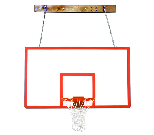 FIRST TEAM wall mount basketball hoop with red rim and white net attached to wooden board