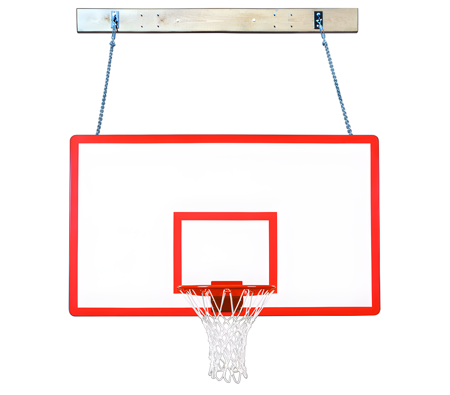 FIRST TEAM Wall Mount Basketball Hoop with red trimmed backboard and white net hanging from chains