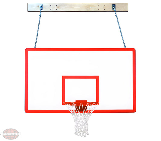 FIRST TEAM Wall Mount Basketball Hoop with red trimmed backboard and white net hanging from chains