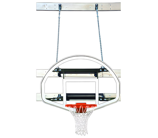 FIRST TEAM Wall Mount Basketball Hoop with clear backboard and orange rim suspended by chains