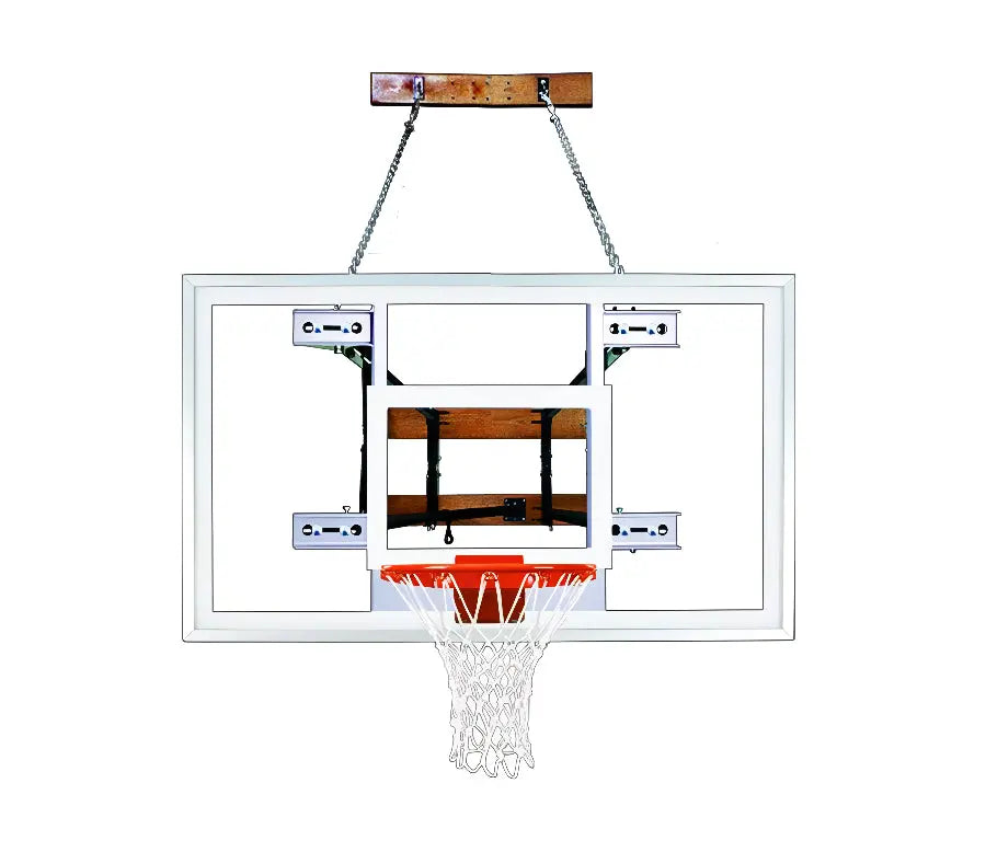 FIRST TEAM wall mount basketball hoop with clear backboard and orange rim attached by metal chains
